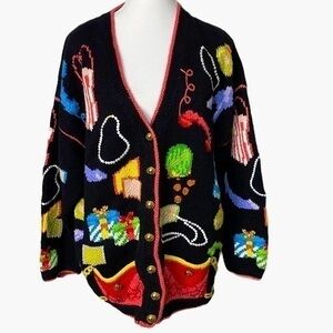 Cardigan Bay Vintage Hand Knit Black Sweater with Shopping Bags, Shoes, Jewelry